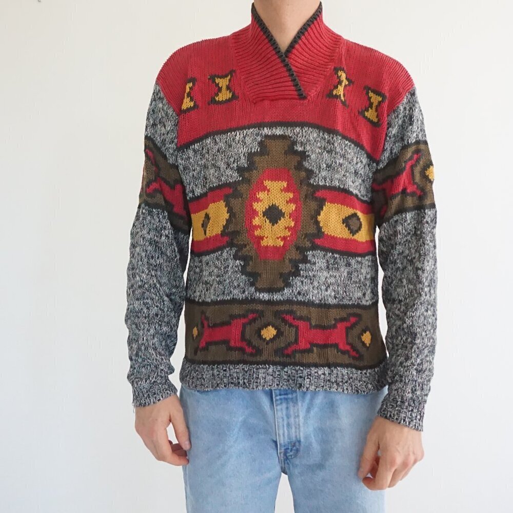 Major Pop Red Cotton Knit Southwestern Shawl Collar Sweater Retro 80s/90s Large